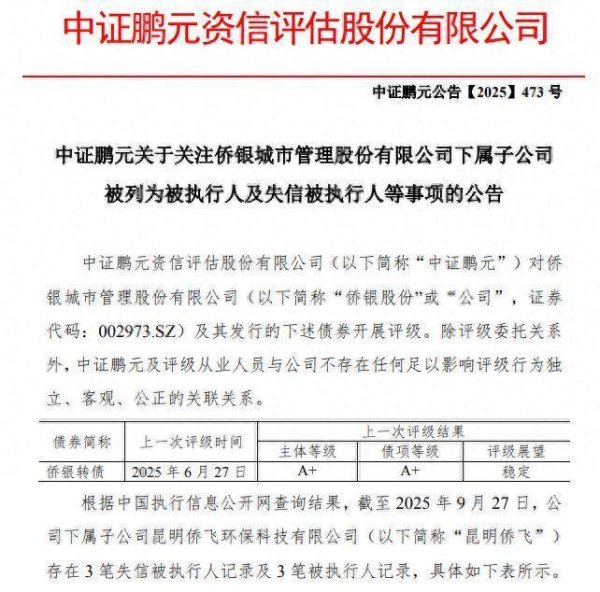 金策略 侨银股份子公司被列为被执行人及失信被执行人，引评估机构关注并披露其最新评级